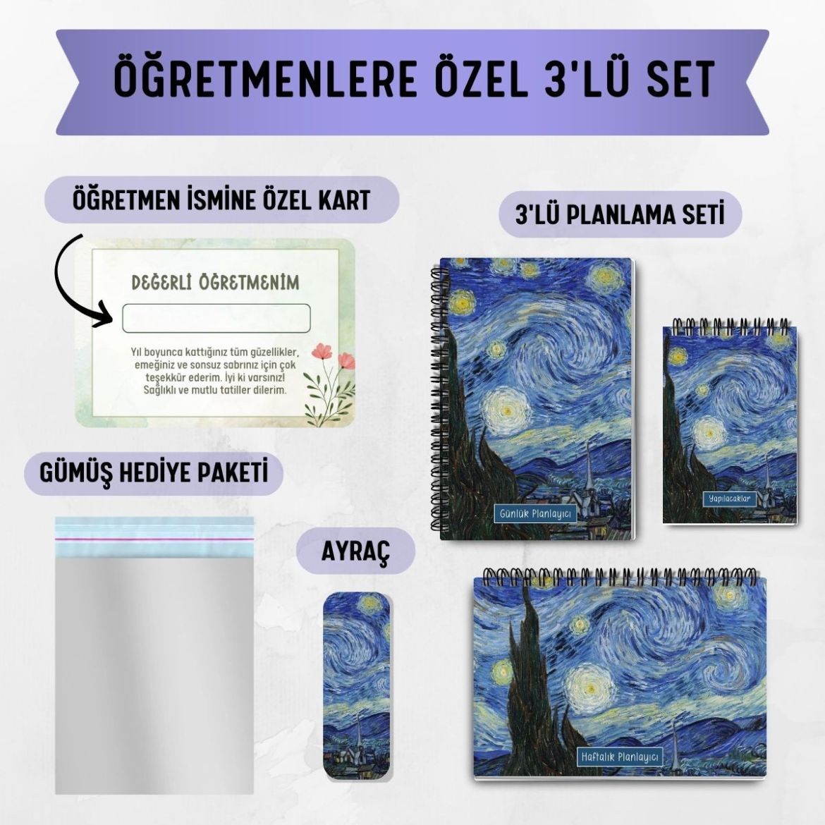Yıldızlı Bir Gece 3'lü Planlama Seti / Öğretmen İsmine Özel resmi