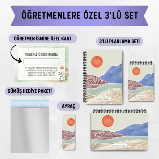 Kahverengi Boho 3'lü Planlama Seti / Öğretmen İsmine Özel resmi