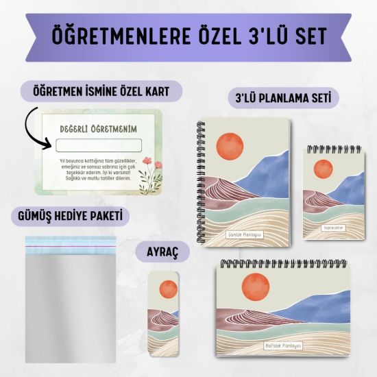 Kahverengi Boho 3'lü Planlama Seti / Öğretmen İsmine Özel resmi
