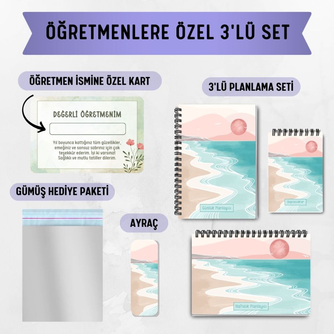 Pembe Boho 3'lü Planlama Seti / Öğretmen İsmine Özel resmi