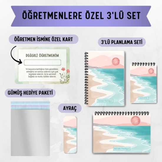 Pembe Boho 3'lü Planlama Seti / Öğretmen İsmine Özel resmi