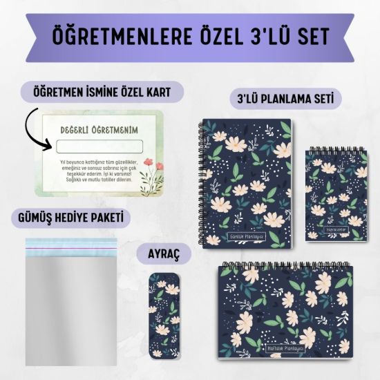 Lacivert Papatya 3'lü Planlama Seti / Öğretmen İsmine Özel resmi