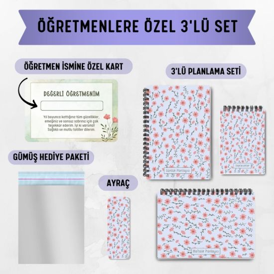 Lila Çiçek 3'lü Planlama Seti / Öğretmen İsmine Özel resmi