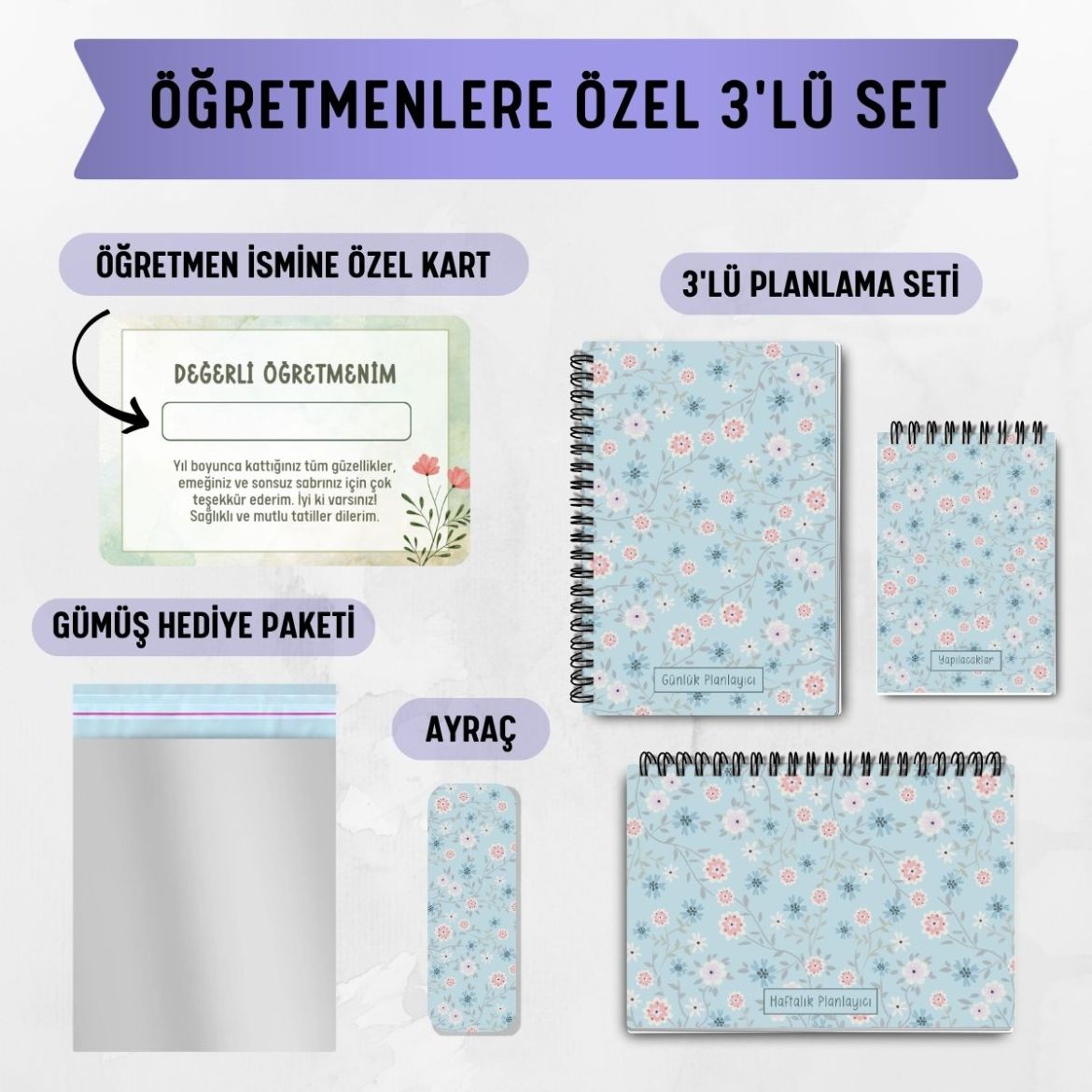 Mavi Çiçek 3'lü Planlama Seti / Öğretmen İsmine Özel resmi