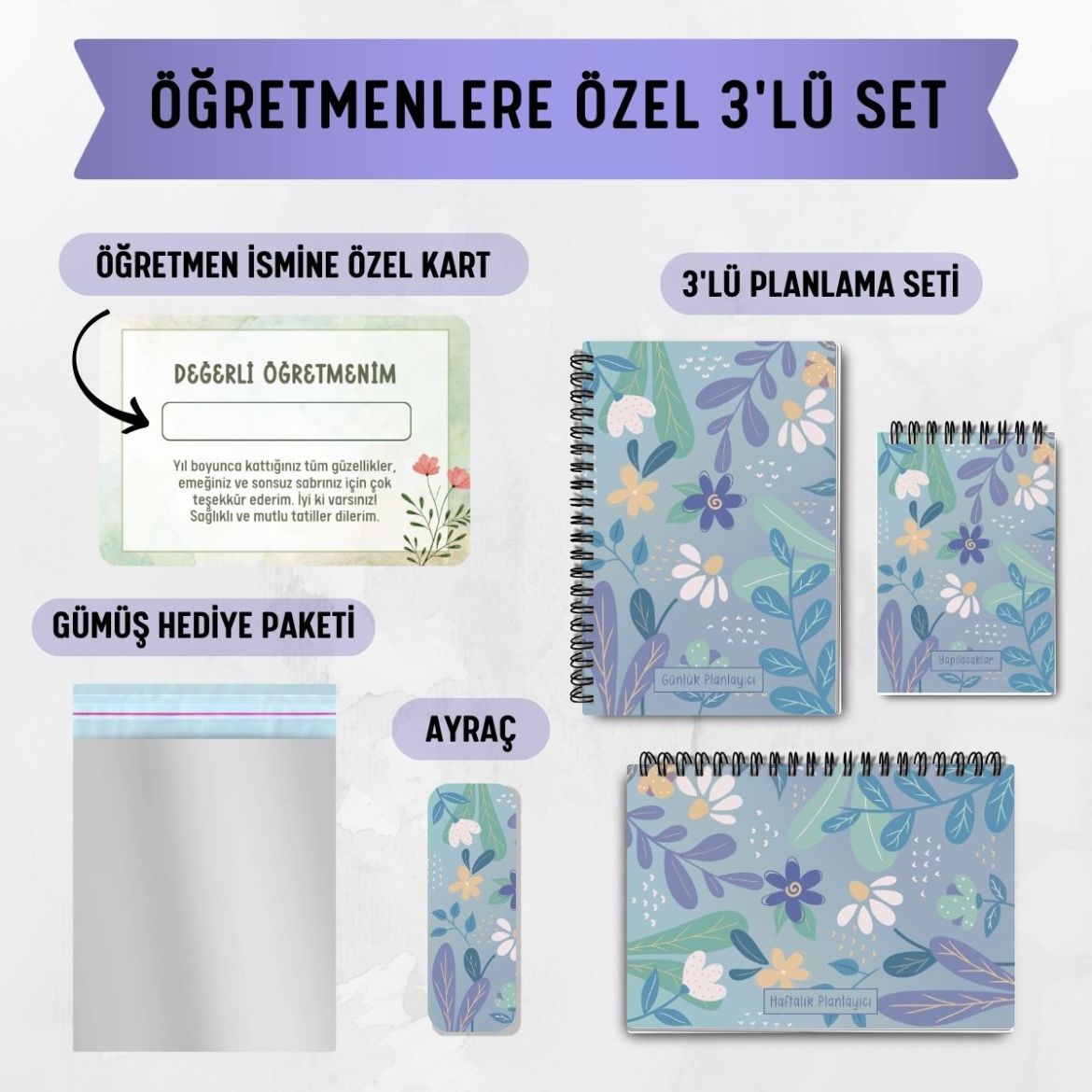 Mavi Papatya 3'lü Planlama Seti / Öğretmen İsmine Özel resmi