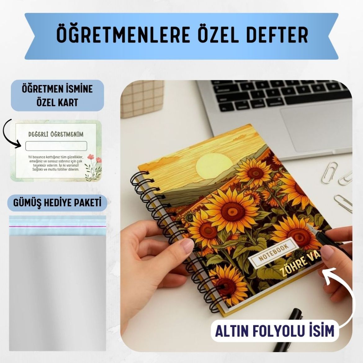 Ayçiçekli Kalın Kapaklı A5 Defter / Öğretmen İsmine Özel resmi