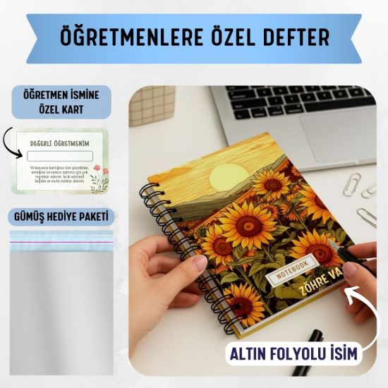 Ayçiçekli Kalın Kapaklı A5 Defter / Öğretmen İsmine Özel resmi