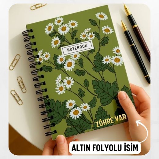 Yeşil Papatya Kalın Kapaklı A5 Defter / Öğretmen İsmine Özel resmi