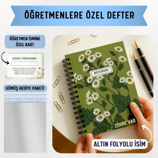 Yeşil Papatya Kalın Kapaklı A5 Defter / Öğretmen İsmine Özel resmi