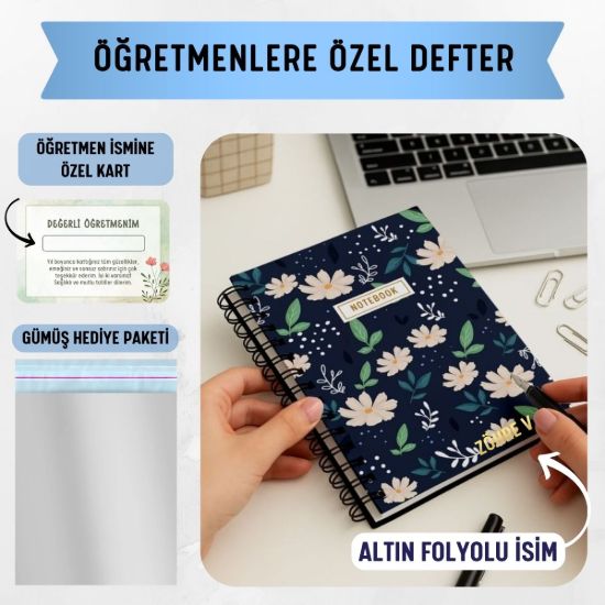 Lacivert Papatya Kalın Kapaklı A5 Defter / Öğretmen İsmine Özel resmi