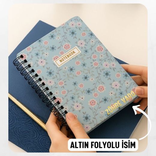 Mavi Çiçekli Kalın Kapaklı A5 Defter / Öğretmen İsmine Özel resmi