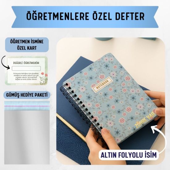 Mavi Çiçekli Kalın Kapaklı A5 Defter / Öğretmen İsmine Özel resmi