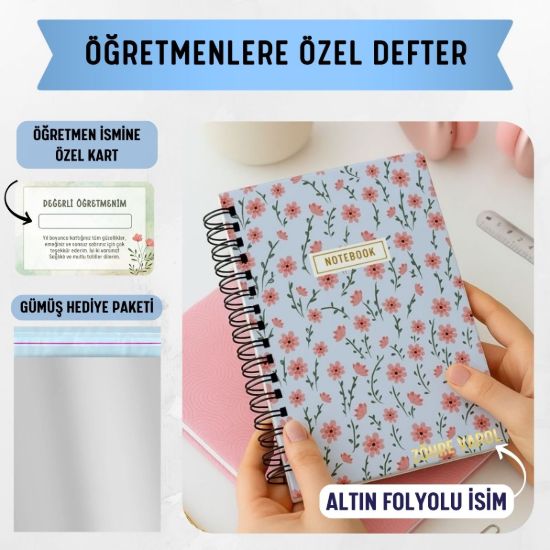 Lila Çiçekli Kalın Kapaklı A5 Defter / Öğretmen İsmine Özel resmi