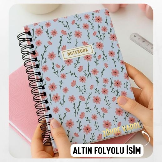 Lila Çiçekli Kalın Kapaklı A5 Defter / Öğretmen İsmine Özel resmi