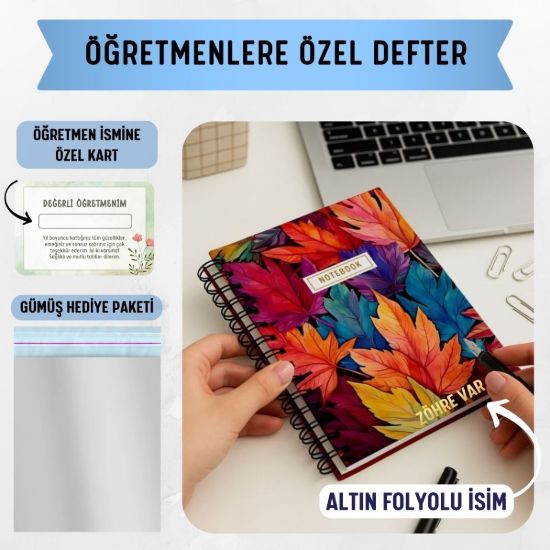 Renkli Yapraklı Kalın Kapaklı A5 Defter / Öğretmen İsmine Özel resmi