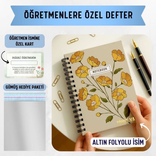 Sarı Çiçekli Kalın Kapaklı A5 Defter / Öğretmen İsmine Özel resmi