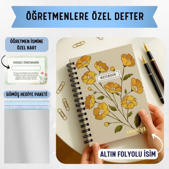 Sarı Çiçekli Kalın Kapaklı A5 Defter / Öğretmen İsmine Özel resmi