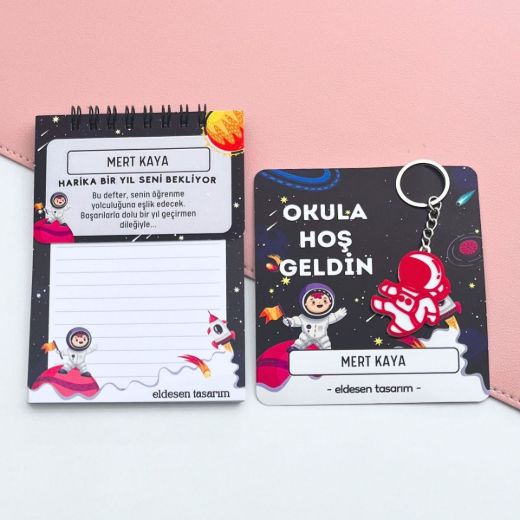 Astronotlu İsme Özel Defter ve Anahtarlı Okul Açılış Hediyesi resmi