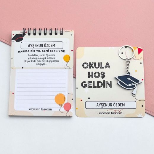 Mezuniyetli İsme Özel Defter ve Anahtarlı Okul Açılış Hediyesi resmi