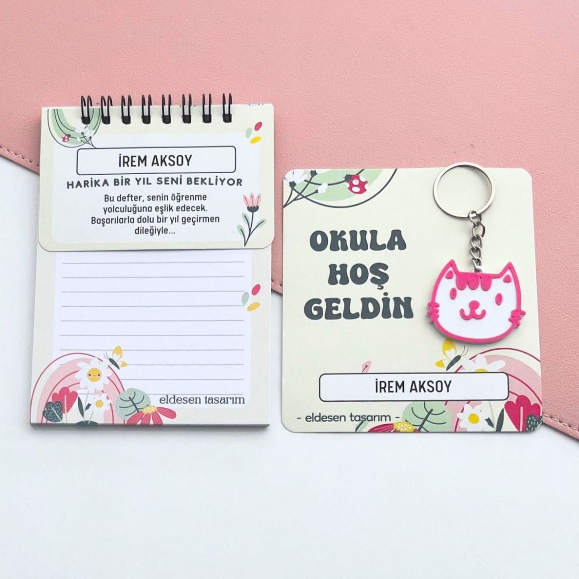 Çiçekli İsme Özel Defter ve Anahtarlı Okul Açılış Hediyesi resmi