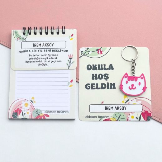 Çiçekli İsme Özel Defter ve Anahtarlı Okul Açılış Hediyesi resmi