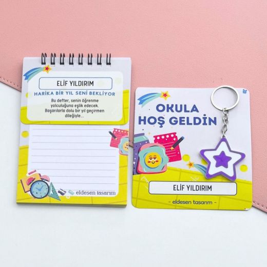 Sarılı İsme Özel Defter ve Anahtarlı Okul Açılış Hediyesi resmi